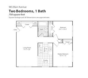 A floor plan for a 758 square feet apartment with two bedrooms and one bath.