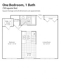 A floor plan of a one bedroom, one bath apartment.