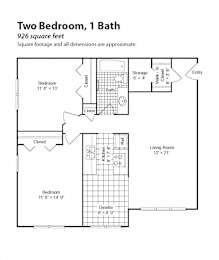 A floor plan of a two bedroom, one bath apartment.