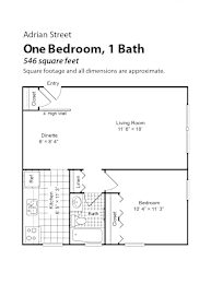 A floor plan for a one bedroom, one bath apartment at Adrian Street.