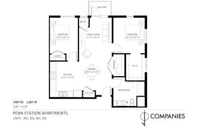 A floor plan for a 1,007 square foot apartment with a balcony.