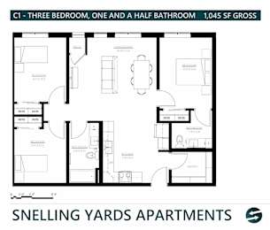 A floor plan for a three bedroom, one and a half bathroom apartment.