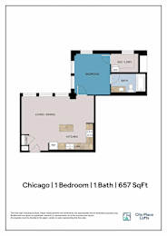 A floor plan for a 1 bedroom, 1 bathroom apartment in Chicago.