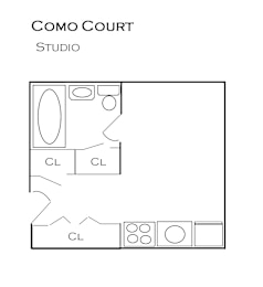 A floor plan of a studio with a kitchen area and a bathroom.