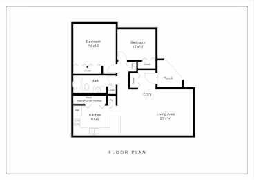 A floor plan of a living area with two bedrooms, a bathroom, a kitchen, a porch, and an entry.