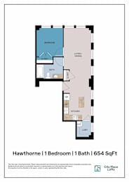 A floor plan for a 654 square foot home with one bedroom and one bath.