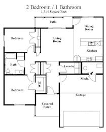 A floor plan of a 2 bedroom 1 bathroom house.
