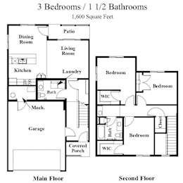 A floor plan of a 1,600 square foot home with 3 bedrooms and 1 1/2 bathrooms.