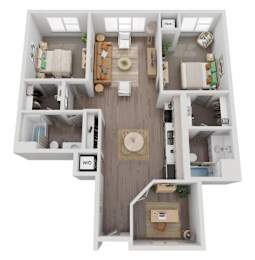 A 3D floor plan of a house with a kitchen, living room, and two bedrooms.