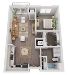 A 3D floor plan of a small apartment with a living room, kitchen, and bedroom.