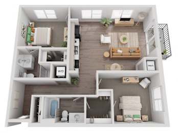 A 3D floor plan of a house with labeled rooms.