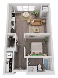 A top-down view of a small apartment layout with a living room, kitchen, and bathroom.