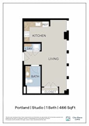A floor plan for a studio apartment in Portland, showing the locations of the kitchen, bath, living room, and closet.