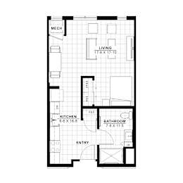 A floor plan of a small apartment with a living room, kitchen, bathroom and entry.