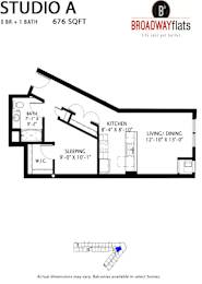 A floor plan for a studio apartment with a bath, kitchen, living/dining area, and sleeping area.