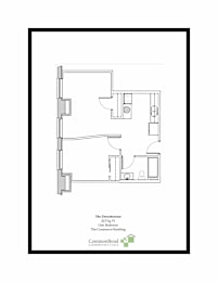 A floor plan of a one-bedroom, one-bathroom apartment in a downtown building.