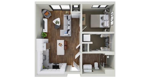 a stylized floor plan with a bedroom and a living room