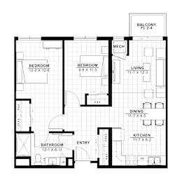 A black and white image of a floor plan for a Balcony Fl 2-4 apartment.