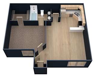 A black and wood floor plan of a house with a kitchen, living room, and bathroom.