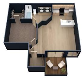 A 3D floor plan of a house with a kitchen, living room, and two bedrooms.