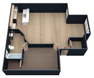 A 3D floor plan of a small apartment with a kitchen, living room, and bathroom.