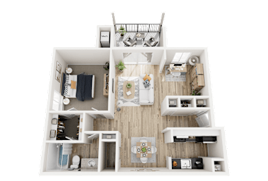 1 Bed 1 Bath Floor Plan with Den at Three Oaks Apartments in Troy, MI, 48098