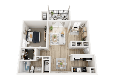 1 Bed 1 Bath Floor Plan with Den at Three Oaks Apartments in Troy, MI, 48098