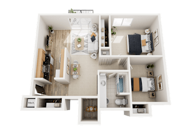 2 Bed 1 Bath 900 Sq. Ft. Floor Plan at Drawbridge Apartments East at Harrison Township, MI