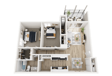2 Bed 1 Bath Floor Plan at Three Oaks Apartments in Troy, MI, 48098