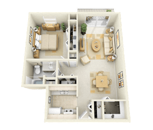 A 3D floor plan of a house with multiple rooms and furniture.