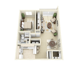 A 3D floor plan of a house with two bedrooms, a living room, a kitchen, and a bathroom.