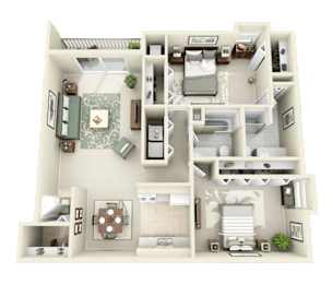 A 3D rendered image of a house layout with multiple rooms.