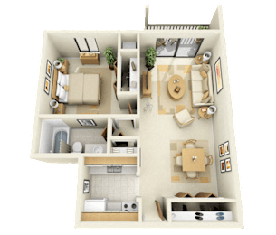 A 3D floor plan of a house showing a living room, kitchen, and two bedrooms.