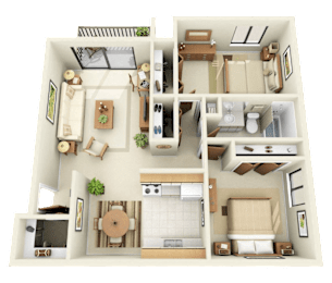 A detailed 3D floor plan of a house showing all rooms and furniture layout.