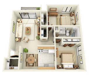A detailed 3D floor plan of a two-bedroom apartment.