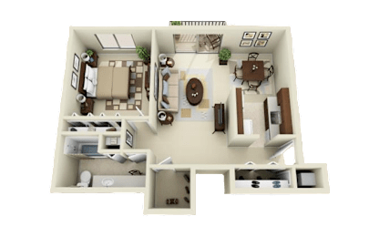 A 3D rendered image of a house layout.