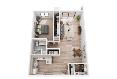 A detailed 3D floor plan of a two-story apartment.