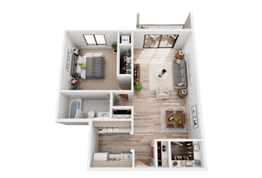 A 3D floor plan of a small apartment with a kitchen, living room, and bedrooms.