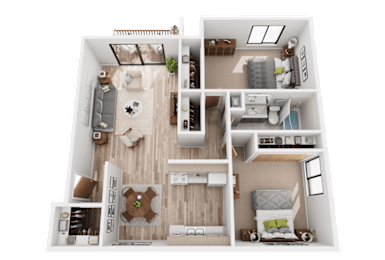A 3D floor plan of a small apartment with a kitchen, living room, and bedrooms.
