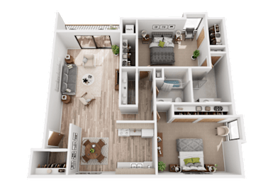 A 3D floor plan of a house with a kitchen, living room, and bedrooms.
