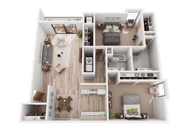A detailed 3D floor plan of a two-bedroom apartment.