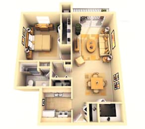 A 3D floor plan of a house showing a living room, kitchen, dining room, and two bedrooms.