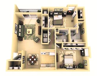 A 3D floor plan of a house with multiple rooms and furniture.