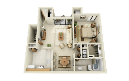 A 3D rendered image of a house layout.