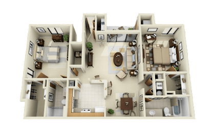 A detailed 3D floor plan of a two-story house with multiple rooms and furniture.