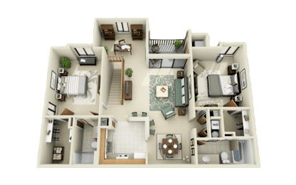 A detailed 3D floor plan of a house showing all rooms and their furnishings.