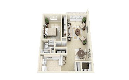 A 3D model of a house layout with a kitchen, living room, and two bedrooms.