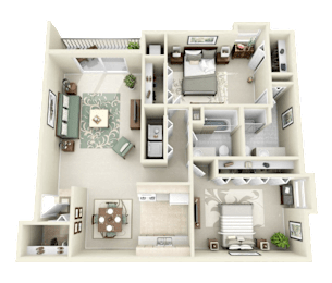 A 3D rendered image of a house layout with multiple rooms.