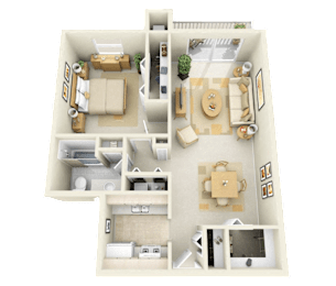 A 3D floor plan of a house with a living room, kitchen, dining room, and bedrooms.