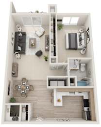 a 3d rendering of the 1 bedroom floor plan with roommates
